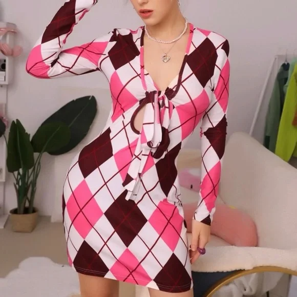 Argyle Print Cut Out Tie Front Bodycon Dress | Color: Brown/Pink | Size: S | Vfceo's Closet